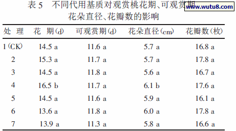 不同代用基质对观赏桃花期、可观赏期、花朵直径、花瓣数的影响