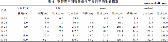荆芥在不同营养条件下各月平均生长情况