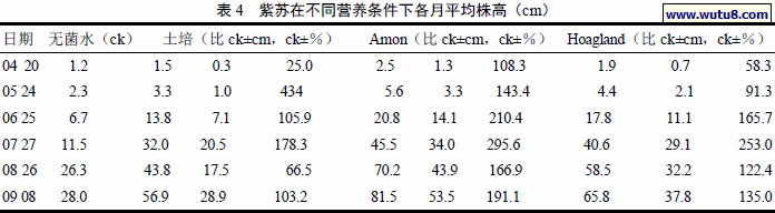 紫苏在不同营养条件下各月平均株高
