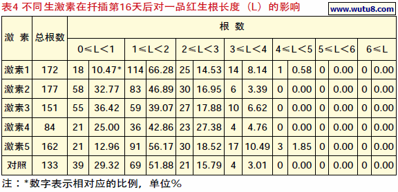 不同生激素在扦插第16天后对一品红生根长度（L）的影响