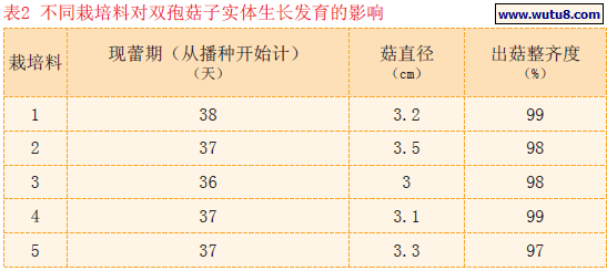 不同栽培料对双孢菇子实体生长发育的影响