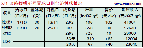 设施樱桃不同置冰日期经济性状情况