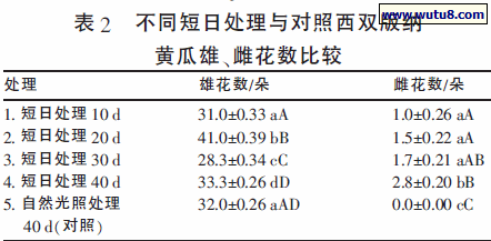 表2 不同短日处理与对照西双版纳黄瓜雄、雌花数比较
