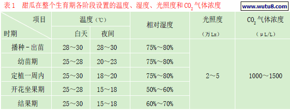 甜瓜在整个生育期各阶段设置的温度、湿度、光照度和CO2 气体浓度
