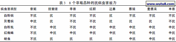 8 个草莓品种的抗病虫害能力