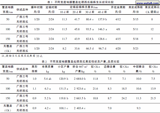 不同宽度地膜覆盖处理西瓜植株生长状况比较,不同宽度地膜覆盖处理西瓜果实性状及产量、品质比较